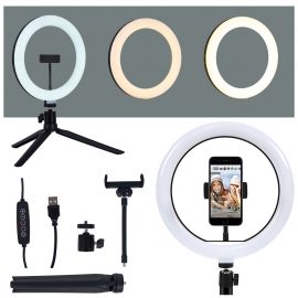 Ring Light 10 with Desk Tripod Stand Phone Holder Desktop Ringlight 3 Light Modes 10 Brightness Level for Live Streaming YouTube Video Dimmable Desktop Makeup Photography Shooting 